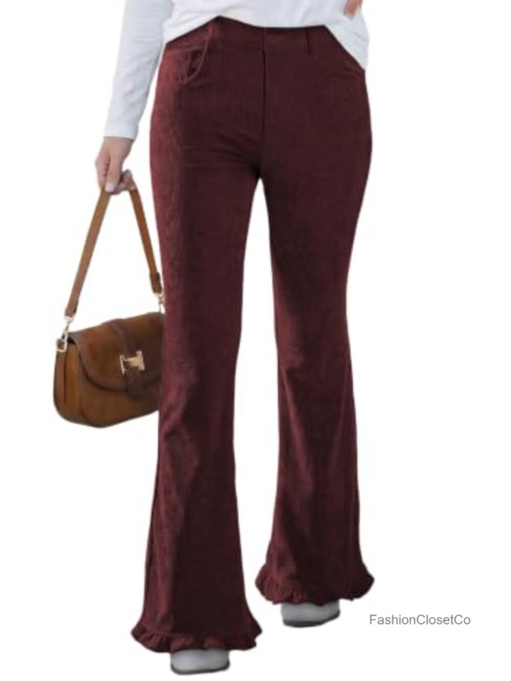 High Waisted Ruffle Flare Corduroy Pants Regular Fit
